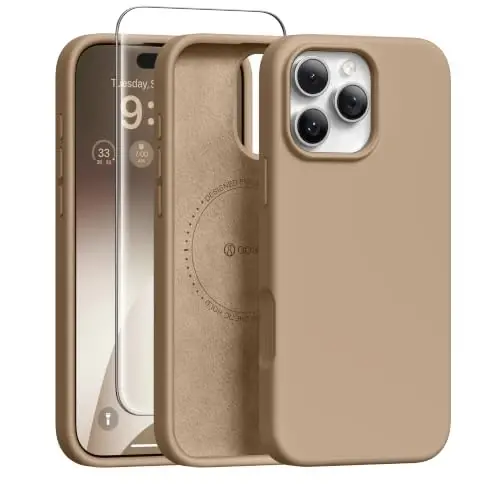 GONEZ iPhone 16 Pro Max Kılıf için Manyetik, [MagSafe ile Uyumlu] Çizilmez Mikrofiber Astar ve Ekran Koruyucu, Silikon Kamera Kontrolü, Darbeye Dayanıklı İnce Telefon Kapağı 6.9 inç, Açık Kahverengi 