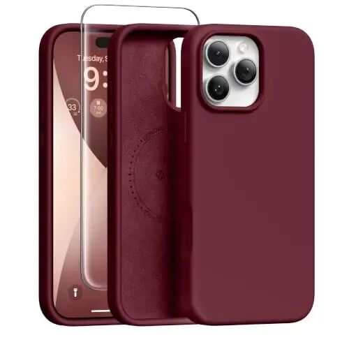 GONEZ iPhone 16 Pro Max Kılıfı için Manyetik, [MagSafe ile Uyumlu] Çizilmez Mikrofiber Astar ve Ekran Koruyucu, Silikon Kamera Kontrolü, Darbeye Dayanıklı İnce Telefon Kılıfı 6.9 inç, Bordo | MagSafe, Kamera Düğmesi ve Ekran Koruyucu ile Uyumlu - GONEZ