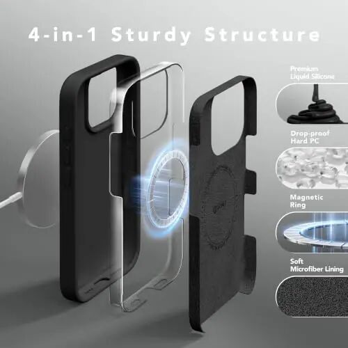 GONEZ Magnetic for iPhone 16 Pro Max Case, Silicone Cover Black | Compatible with MagSafe, Camera Button & Screen Protector, Microfiber Lining, 3 Layers Soft Gel Rubber Shockproof Slim 6.9