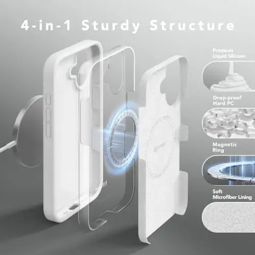 GONEZ Magnetic for iPhone 17 Case, Silicone Cover White | Compatible with MagSafe, Camera Button & Screen Protector, Microfiber Lining, 3 Layers Soft Gel Rubber Shockproof Slim 6.3