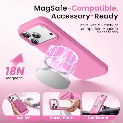 GONEZ Magnetic for iPhone 17 Pro Case, [Compatible with MagSafe] Anti-Scratch Microfiber Lining & Screen Protector, Silicone Camera Control, Shockproof Slim Phone Cover 6.3 inch, Soft Pink - 2