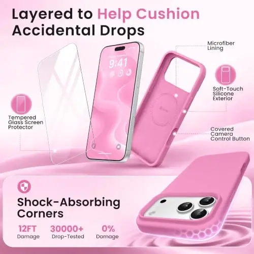 GONEZ Magnetic for iPhone 17 Pro Case, [Compatible with MagSafe] Anti-Scratch Microfiber Lining & Screen Protector, Silicone Camera Control, Shockproof Slim Phone Cover 6.3 inch, Soft Pink - 4