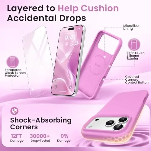 GONEZ Magnetic for iPhone 17 Pro Case, [Compatible with MagSafe] Anti-Scratch Microfiber Lining & Screen Protector, Silicone Camera Control, Shockproof Slim Phone Cover 6.3 inch, Cherry Blossom - 4