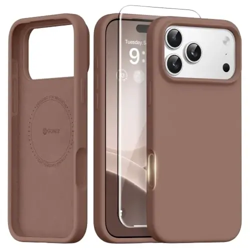 GONEZ iPhone 17 Pro Kılıfı, [MagSafe ile Uyumlu] Çizilmez Mikrofiber Astar & Ekran Koruyucu, Silikon Kamera Kontrolü, Darbeye Dayanıklı İnce Telefon Kılıfı 6.3 inç, Kahverengi 