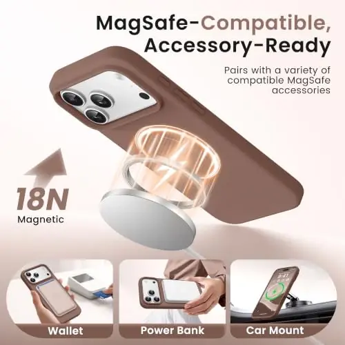 GONEZ iPhone 17 Pro Kılıfı, [MagSafe ile Uyumlu] Çizilmez Mikrofiber Astar & Ekran Koruyucu, Silikon Kamera Kontrolü, Darbeye Dayanıklı İnce Telefon Kılıfı 6.3 inç, Kahverengi - 2