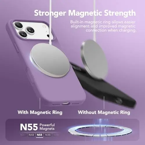 GONEZ iPhone 17 Pro Max için Manyetik Kılıf, [MagSafe ile Uyumlu] Çizilmez Mikrofiber Astar & Ekran Koruyucu, Silikon Kamera Kontrolü, Darbeye Dayanıklı İnce Telefon Kılıfı 6.9 inç, Açık Mor - 2