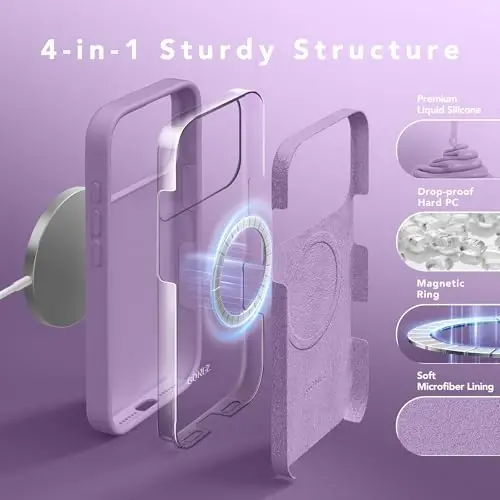 GONEZ iPhone 17 Pro Max uchun magnitli g'ilof, [MagSafe bilan mos] tirnalishga qarshi mikrotola astar va ekran himoyachisi, silikon kamera nazorati, zarbga chidamli yupqa telefon qopqog'i 6.9 dyuym, och binafsha rang - 5