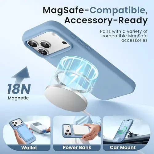 GONEZ iPhone 17 Pro uchun magnitli g'ilof, [MagSafe bilan mos] tirnalishga qarshi mikrotola astar va ekran himoyachisi, silikon kamera nazorati, zarbaga chidamli ingichka telefon g'ilofi 6.3 dyuym, Mist Blue 