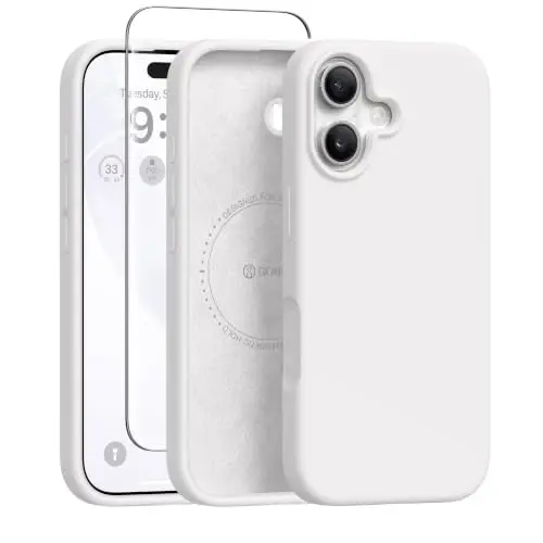 GONEZ Magnetic для iPhone 16 Чехол, Силиконовая Накладка Белый | Совместимо с MagSafe, Кнопкой Камеры и Защитным Экранным Стеклом, Подкладка из Микрофибры, 3 Слоя, Мягкий Гелевый Каучук, Ударопрочный, Тонкий 6,1