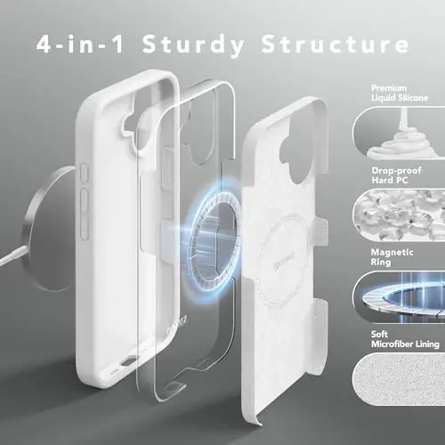 GONEZ Magnetic для iPhone 16 Чехол, Силиконовая Накладка Белый | Совместимо с MagSafe, Кнопкой Камеры и Защитным Экранным Стеклом, Подкладка из Микрофибры, 3 Слоя, Мягкий Гелевый Каучук, Ударопрочный, Тонкий 6,1