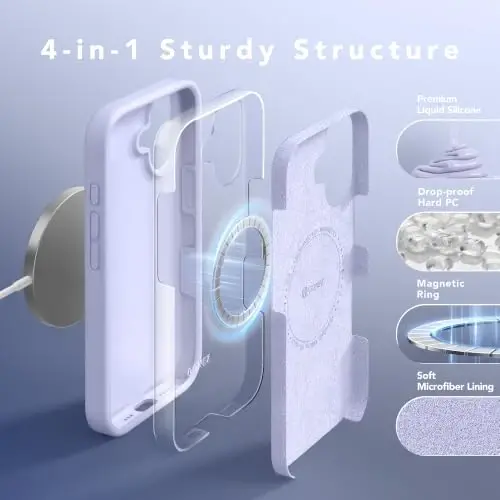 GONEZ Magnetic для iPhone 17 Case, Силиконовый чехол Сиреневый | Совместим с MagSafe, Кнопкой камеры и Защитным экраном, Подкладка из микрофибры, 3 слоя, Мягкий гель, Ударопрочный, Тонкий 6.3