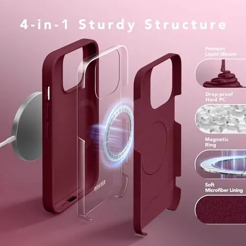 GONEZ Magnetic for iPhone 14 Pro Max Case, [Compatible with MagSafe] Anti-Scratch Microfiber Lining & Screen Protector, Shockproof Slim Phone Silicone Cover 6.7 inch, Maroon - 2