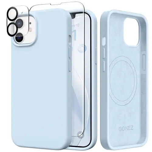 GONEZ Magnetic for iPhone 12 Case / 12 Pro Case, Compatible with MagSafe, [Screen Protector + Camera Lens Protector], Silicone Shockproof Anti-Scratch Protective Phone Case 6.1 inch, Blue 