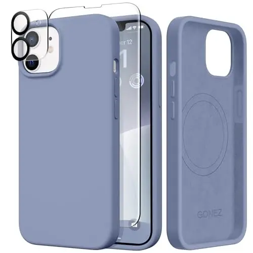 GONEZ Magnetic for iPhone 12 Case / 12 Pro Case, Compatible with MagSafe, [Screen Protector + Camera Lens Protector], Silicone Shockproof Anti-Scratch Protective Phone Case 6.1 inch, Lavender Gray - GONEZ