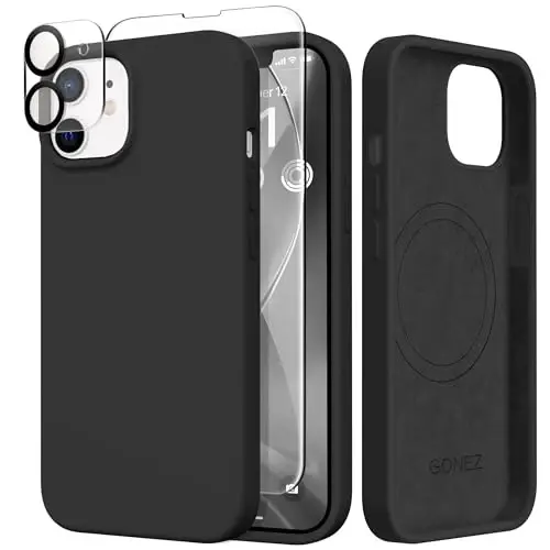 GONEZ Magnetic for iPhone 12 Case / 12 Pro Case, Compatible with MagSafe, [Screen Protector + Camera Lens Protector], Silicone Shockproof Anti-Scratch Protective Phone Case 6.1 inch, Black 