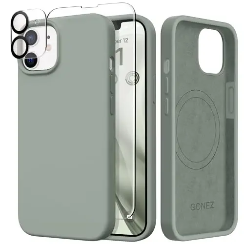 GONEZ Magnetic for iPhone 12 Case / 12 Pro Case, Compatible with MagSafe, [Screen Protector + Camera Lens Protector], Silicone Shockproof Anti-Scratch Protective Phone Case 6.1 inch, Calke Green - 1