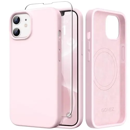 GONEZ Magnetic for iPhone 12/12 Pro Case, Silicone Cover Chalk Pink | Compatible with MagSafe, Camera Button & Screen Protector, Microfiber Lining, 3 Layers Soft Gel Rubber Shockproof Slim 6.1