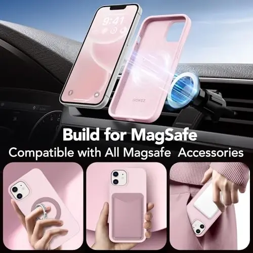 GONEZ Magnetic for iPhone 12/12 Pro Case, Silicone Cover Chalk Pink | Compatible with MagSafe, Camera Button & Screen Protector, Microfiber Lining, 3 Layers Soft Gel Rubber Shockproof Slim 6.1