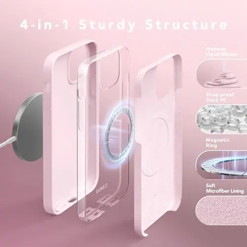 GONEZ Magnetic for iPhone 12/12 Pro Case, Silicone Cover Chalk Pink | Compatible with MagSafe, Camera Button & Screen Protector, Microfiber Lining, 3 Layers Soft Gel Rubber Shockproof Slim 6.1