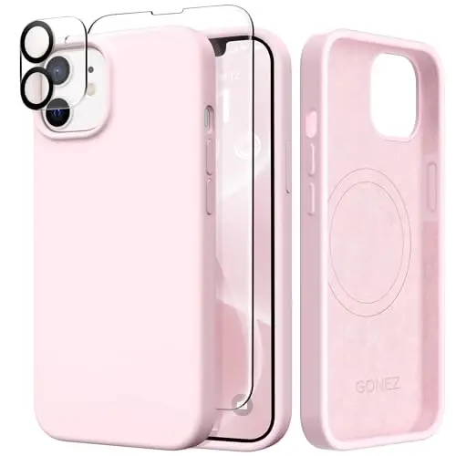 GONEZ Magnetic for iPhone 12 Case / 12 Pro Case, Compatible with MagSafe, [Screen Protector + Camera Lens Protector], Silicone Shockproof Anti-Scratch Protective Phone Case 6.1 inch, Chalk Pink - GONEZ
