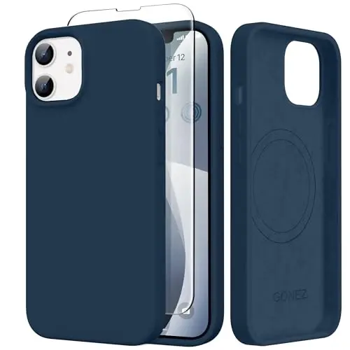 GONEZ Magnetic for iPhone 12 Case & iPhone 12 Pro Case, [Compatible with MagSafe] Anti-Scratch Microfiber Lining & Screen Protector, Shockproof Slim Phone Silicone Cover 6.1 inch, Dark Blue 