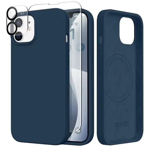 GONEZ Magnetic for iPhone 12 Case / 12 Pro Case, Compatible with MagSafe, [Screen Protector + Camera Lens Protector], Silicone Shockproof Anti-Scratch Protective Phone Case 6.1 inch, Dark Blue - 1