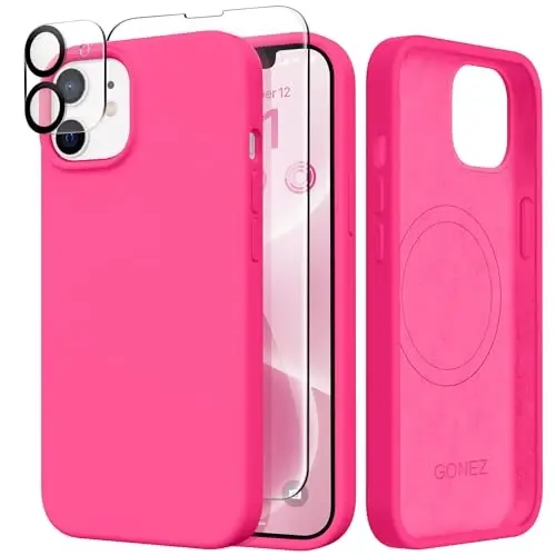 GONEZ Magnetic for iPhone 12 Case / 12 Pro Case, Compatible with MagSafe, [Screen Protector + Camera Lens Protector], Silicone Shockproof Anti-Scratch Protective Phone Case 6.1 inch, Hot Pink 