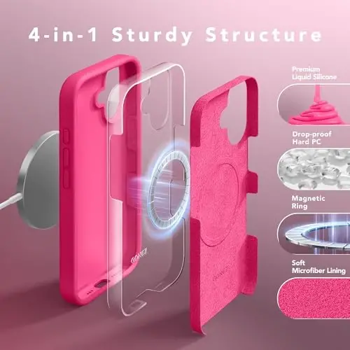 GONEZ Magnetic for iPhone 16 Case, [Compatible with MagSafe] Anti-Scratch Microfiber Lining & Screen Protector, Silicone Camera Control, Shockproof Slim Phone Cover 6.1 inch, Hot Pink - 3