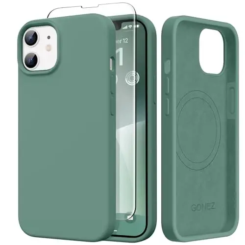 GONEZ Magnetic for iPhone 12/12 Pro Case, Silicone Cover Midnight Green | Compatible with MagSafe, Camera Button & Screen Protector, Microfiber Lining, 3 Layers Soft Gel Rubber Shockproof Slim 6.1
