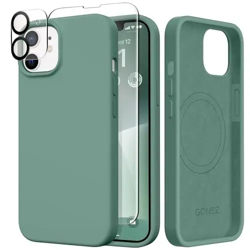GONEZ Magnetic for iPhone 12 Case / 12 Pro Case, Compatible with MagSafe, [Screen Protector + Camera Lens Protector], Silicone Shockproof Anti-Scratch Protective Phone Case 6.1 inch, Midnight Green - 1