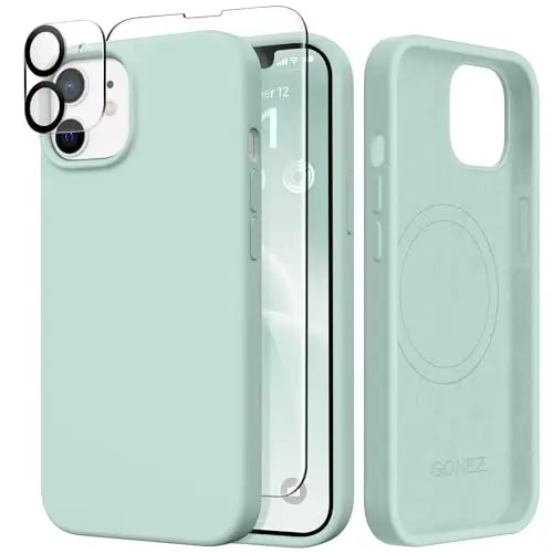 GONEZ Magnetic for iPhone 12 Case / 12 Pro Case, Compatible with MagSafe, [Screen Protector + Camera Lens Protector], Silicone Shockproof Anti-Scratch Protective Phone Case 6.1 inch, Mint Green - 1