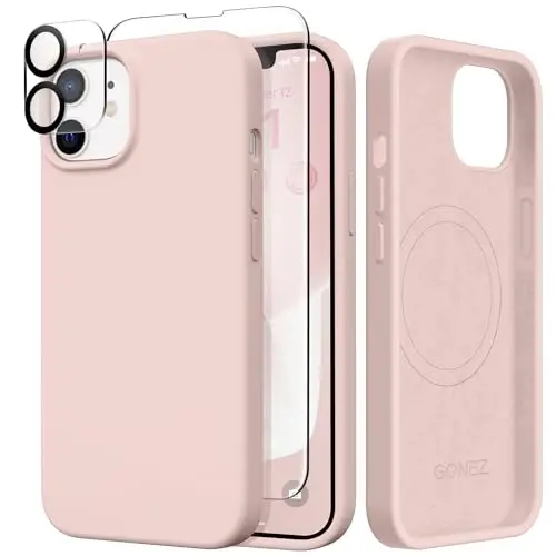 GONEZ Magnetic for iPhone 12 Case / 12 Pro Case, Compatible with MagSafe, [Screen Protector + Camera Lens Protector], Silicone Shockproof Anti-Scratch Protective Phone Case 6.1 inch, Pink 
