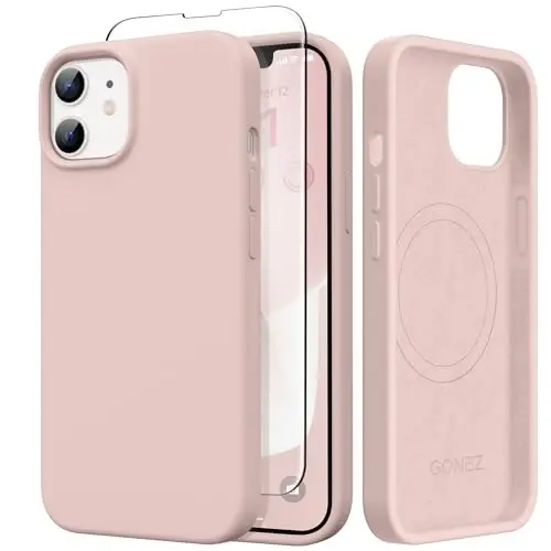 GONEZ Magnetic for iPhone 12 Case & iPhone 12 Pro Case, [Compatible with MagSafe] Anti-Scratch Microfiber Lining & Screen Protector, Shockproof Slim Phone Silicone Cover 6.1 inch, Pink - 1