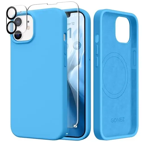 GONEZ Magnetic for iPhone 12 Case / 12 Pro Case, Compatible with MagSafe, [Screen Protector + Camera Lens Protector], Silicone Shockproof Anti-Scratch Protective Phone Case 6.1 inch, Wave Blue 