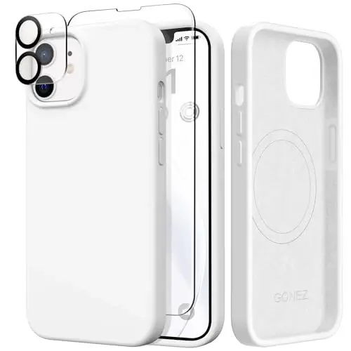 GONEZ Magnetic for iPhone 12 Case / 12 Pro Case, Compatible with MagSafe, [Screen Protector + Camera Lens Protector], Silicone Shockproof Anti-Scratch Protective Phone Case 6.1 inch, White 
