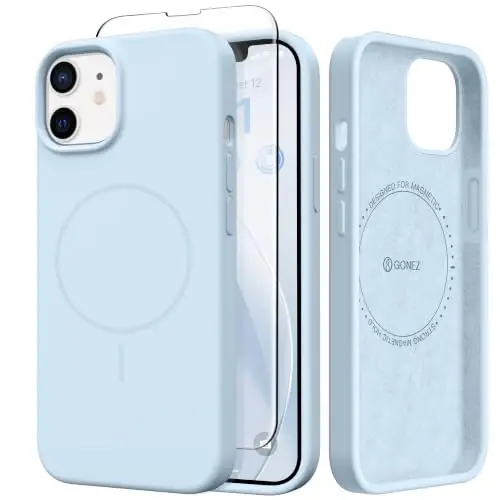 GONEZ Magnetic for iPhone 12/12 Pro Case, Silicone Cover Blue-2 | Compatible with MagSafe, Screen Protector, Microfiber Lining, 3 Layers Soft Gel Rubber Shockproof Slim 6.1