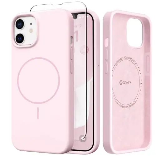 GONEZ Magnetic for iPhone 12/12 Pro Case, Silicone Cover Chalk Pink | Compatible with MagSafe, Screen Protector, Microfiber Lining, 3 Layers Soft Gel Rubber Shockproof Slim 6.1