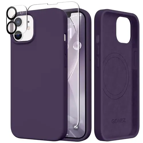 GONEZ Magnetic for iPhone 12/12 Pro Case, Silicone Cover Deep Purple | Compatible with MagSafe, Screen Protector, Microfiber Lining, 3 Layers Soft Gel Rubber Shockproof Slim 6.1