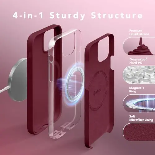 GONEZ Magnetic for iPhone 12/12 Pro Case, Silicone Cover Maroon | Compatible with MagSafe, Screen Protector, Microfiber Lining, 3 Layers Soft Gel Rubber Shockproof Slim 6.1
