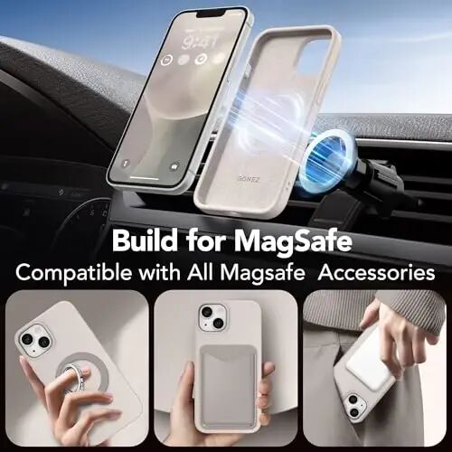 GONEZ Magnetic for iPhone 13 Case & iPhone 14 Case, [Compatible with MagSafe] Anti-Scratch Microfiber Lining & Screen Protector, Shockproof Slim Phone Silicone Cover 6.1 inch, Stone - 2