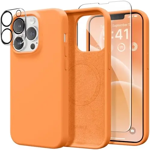 GONEZ Magnetic for iPhone 13 Pro Max Case, Compatible with MagSafe, [Screen Protector + Camera Lens Protector], Silicone Shockproof Anti-Scratch Protective Phone Case 6.7 inch, Orange - GONEZ