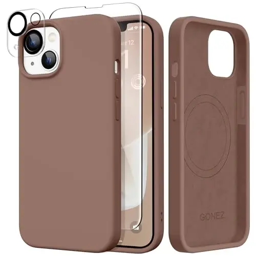GONEZ Magnetic for iPhone 13/14 Case, Silicone Cover Brown | Compatible with MagSafe, Screen Protector, Microfiber Lining, 3 Layers Soft Gel Rubber Shockproof Slim 6.1