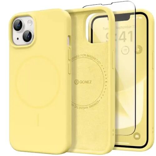 GONEZ Magnetic for iPhone 13/14 Case, Silicone Cover Buttercream Yellow | Compatible with MagSafe, Screen Protector, Microfiber Lining, 3 Layers Soft Gel Rubber Shockproof Slim 6.1