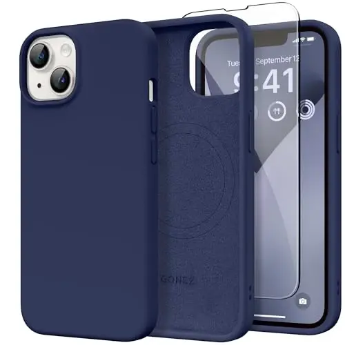 GONEZ Magnetic for iPhone 13/14 Case, Silicone Cover Midnight Blue | Compatible with MagSafe, Screen Protector, Microfiber Lining, 3 Layers Soft Gel Rubber Shockproof Slim 6.1