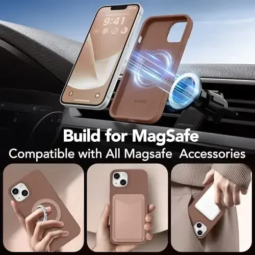 GONEZ Magnetic for iPhone 14 Case, Compatible with Magsafe, with Screen Protector + Camera Protector, Anti-Scratch Microfiber Lining, Liquid Silicone Shockproof Protective Phone Case, Brown - 4