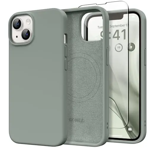 GONEZ Magnetic for iPhone 14 Case, Compatible with Magsafe, with Screen Protector + Camera Protector, Anti-Scratch Microfiber Lining, Liquid Silicone Shockproof Protective Phone Case, Calke Green 