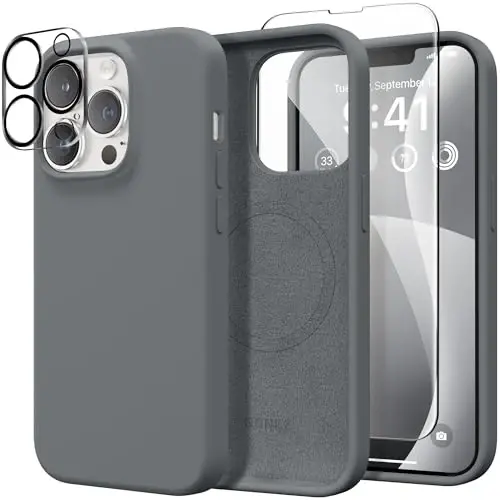 GONEZ Magnetic for iPhone 14 Case, Compatible with Magsafe, with Screen Protector + Camera Protector, Anti-Scratch Microfiber Lining, Liquid Silicone Shockproof Protective Phone Case, Dark Grey 