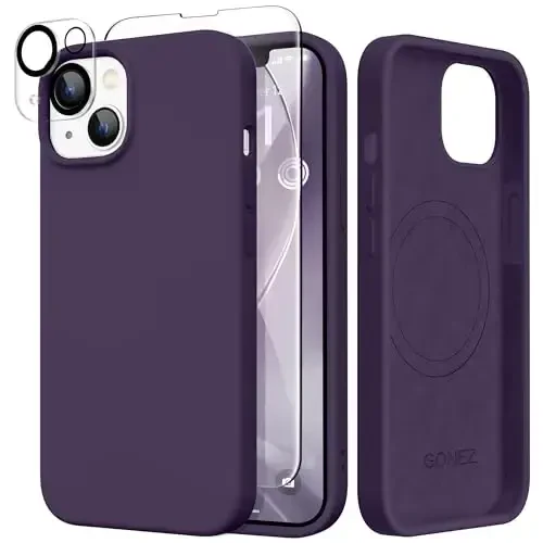 GONEZ Magnetic for iPhone 14 Case, Compatible with Magsafe, with Screen Protector + Camera Protector, Anti-Scratch Microfiber Lining, Liquid Silicone Shockproof Protective Phone Case, Deep Purple - 1