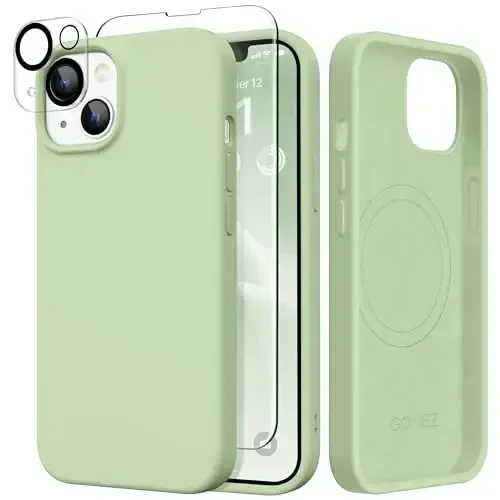 GONEZ Magnetic for iPhone 14 Case, Compatible with Magsafe, with Screen Protector + Camera Protector, Anti-Scratch Microfiber Lining, Liquid Silicone Shockproof Protective Phone Case, Green - 1