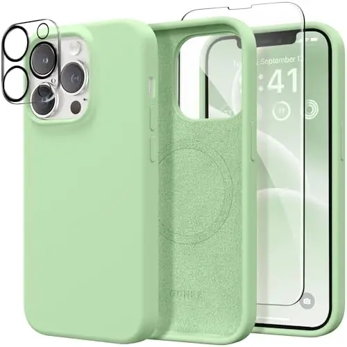GONEZ Magnetic for iPhone 14 Case, Compatible with Magsafe, with Screen Protector + Camera Protector, Anti-Scratch Microfiber Lining, Liquid Silicone Shockproof Protective Phone Case, Green 